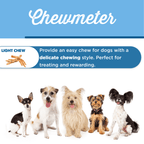 Five small dogs sit in a row beneath a “Chewmeter” sign, with text describing Best Bully Sticks Duck Feet Dog Treats (25 Pack) as light dental treats for pups with a delicate chewing style.