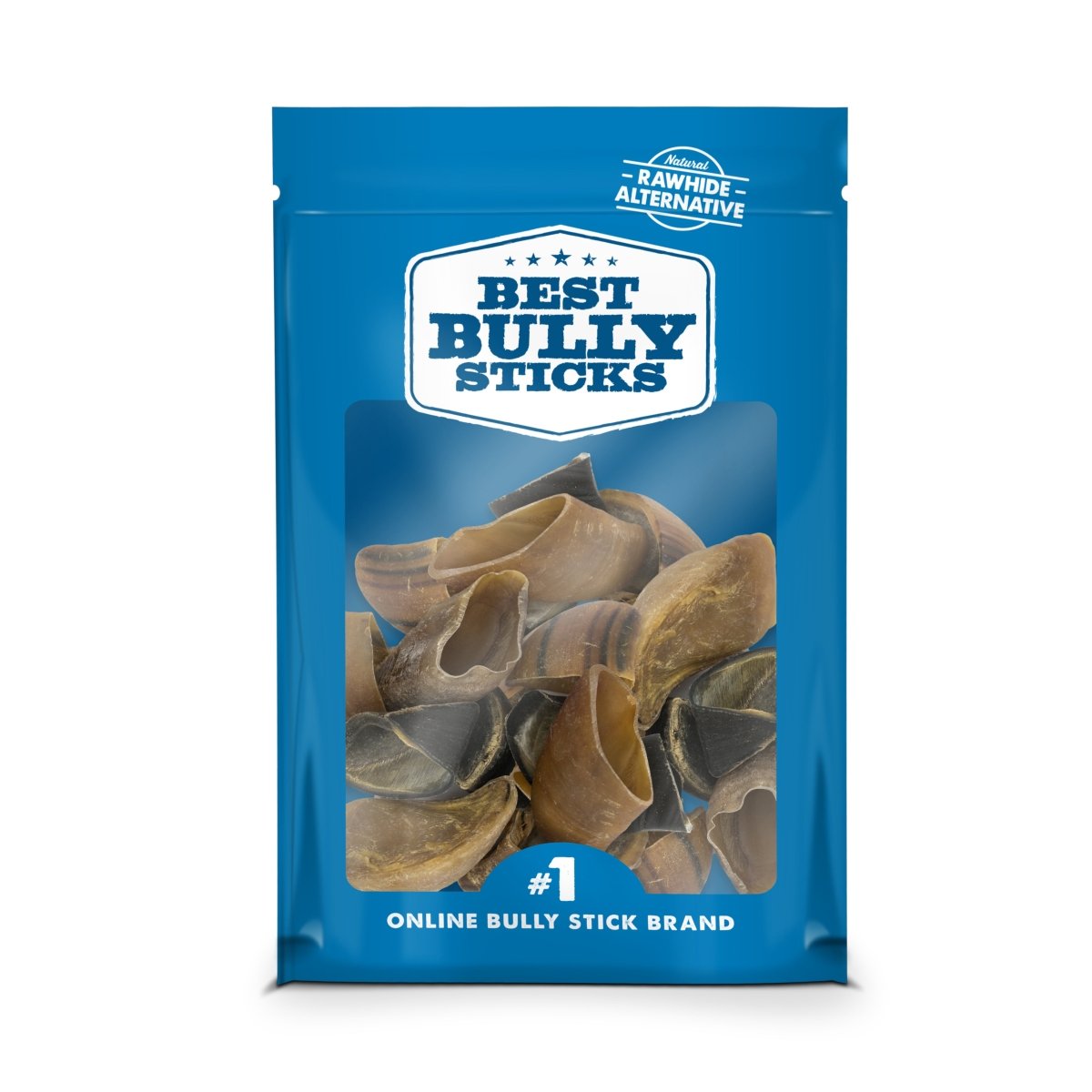 A blue package labeled "Best Bully Sticks" contains 25 natural cow hooves dog chews, promoted as the "#1 online bully stick brand," a natural dog treat, and a rawhide alternative.