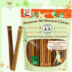 A package of 6 inch Regular EverChew Premium All-Natural Chews, featuring two bully sticks displayed next to the light green and orange bag. The packaging includes illustrations of dogs and a Texas flag.
