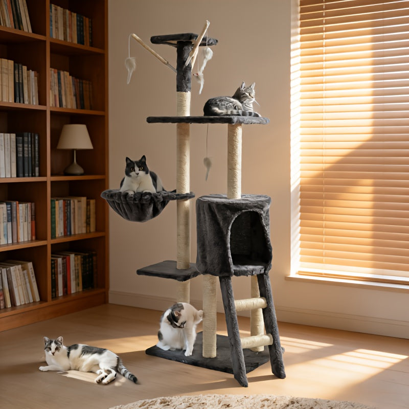 Cat Tree Tower for Indoor Cats Large Multi-Tier with Sisal Scratching Posts, Plush Perches, Hammock, Condo Cave & Hanging Toys - Sturdy Climbing Ramp Cat Furniture for Kittens & Adult Cats