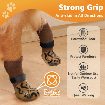 Non-Slip Dog Socks Double-Sided Grip Paw Protector with Adjustable Straps – Anti-Lick Dog Booties for Hardwood Floors, Senior Dogs & Injury Recovery, Sizes XS to L, Set of 4