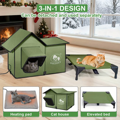 Elevated Cat House & Dog Bed with Detachable Heating Pad - Raised Outdoor Indoor Pet Bed for Cats Small Dogs, Durable Weatherproof Pet House with Removable Warm Pad, Multiple Sizes Available