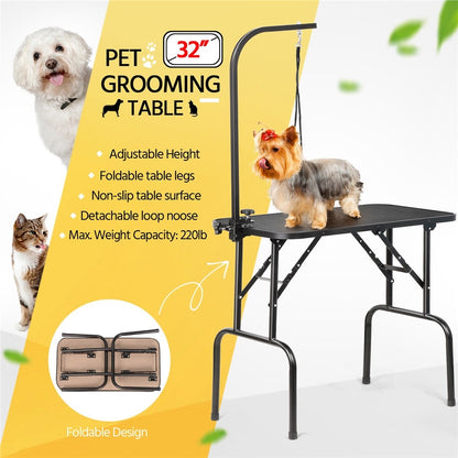 Pet Grooming Table Foldable with Height Adjustable Arm – Non-Slip Waterproof Surface, Folding Legs, Sturdy Metal Frame, Professional Dog Cat Beauty Trimming Table for Home & Salon