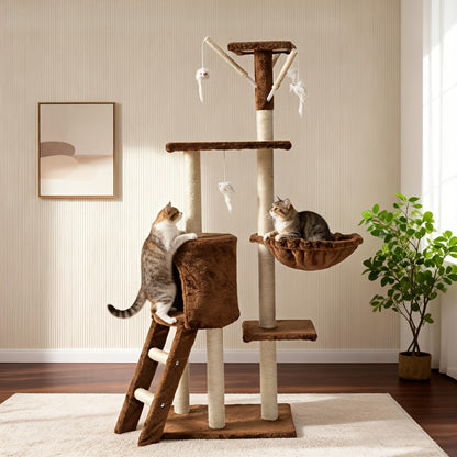 Cat Tree Tower for Indoor Cats Large Multi-Tier with Sisal Scratching Posts, Plush Perches, Hammock, Condo Cave & Hanging Toys - Sturdy Climbing Ramp Cat Furniture for Kittens & Adult Cats