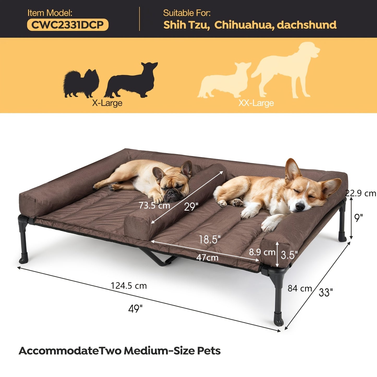 Elevated Cooling Dog Bed Double Slot – Veehoo XL/XXL Raised Pet Cot with Removable Cushion for 2 Medium Dogs | Breathable Teslin Mesh, Skid-Resistant, Washable, Indoor & Outdoor Hammock Bed