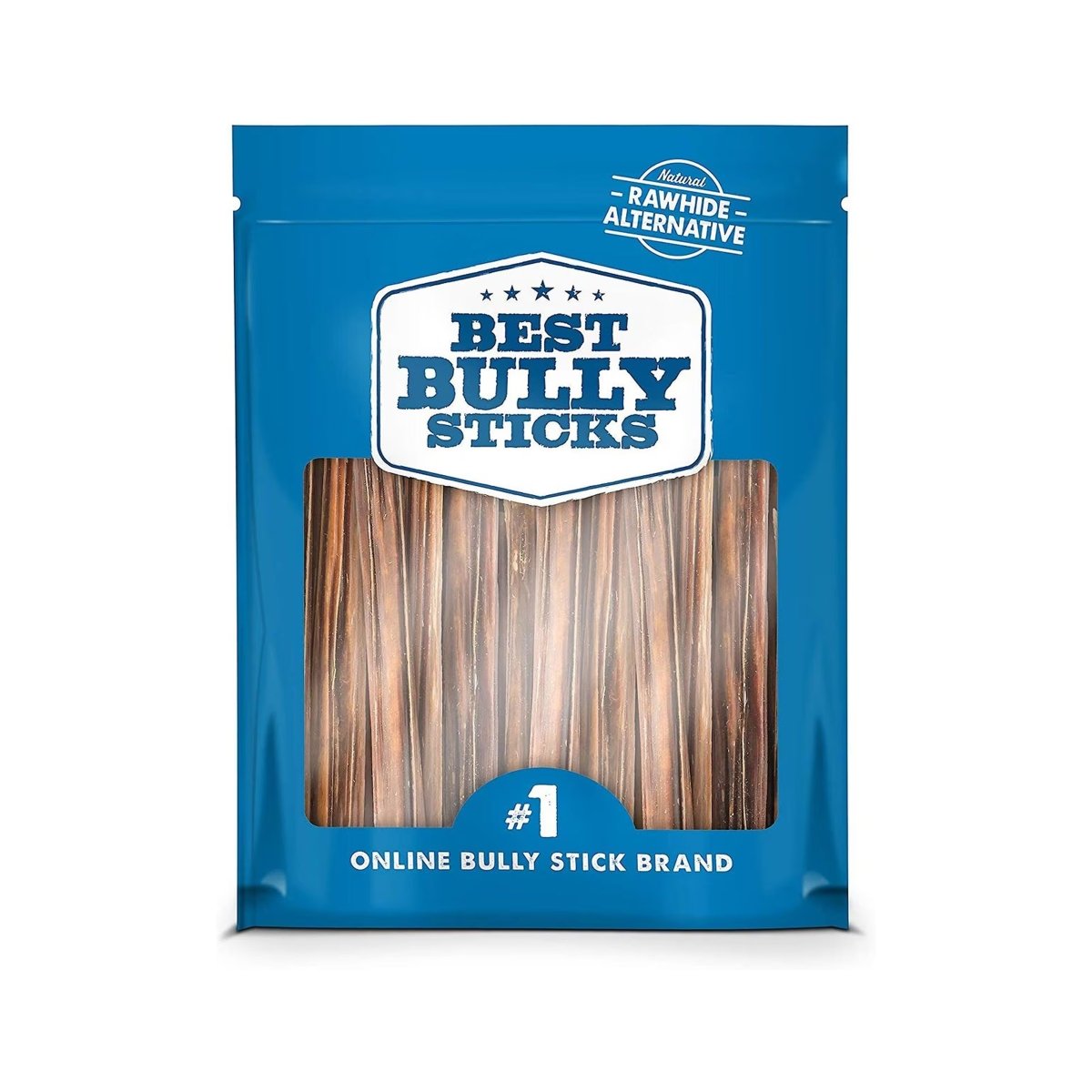 A blue Best Bully Sticks bag with a blue label, ideal for storing 6-Inch Gullet Sticks or chondroitin-rich treats your dog loves.