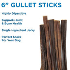 Several Best Bully Sticks 6-Inch Gullet Sticks are shown vertically beside text highlighting these single-ingredient dog treats as highly digestible, joint-supporting, and a perfect snack for your pup.