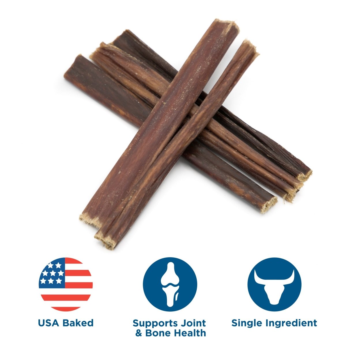 Five Best Bully Sticks 6-Inch Gullet Sticks are arranged in an X, with icons below showing they’re USA baked dog treats, support joint health, and contain a single ingredient.