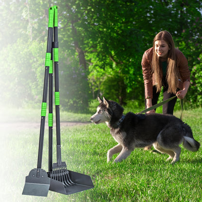 Dog Pooper Scooper Set - Stainless Steel Tray & Rake with Adjustable Long Handle, Rust-Proof Durable Pet Waste Removal Tool, Easy to Clean, Ideal for All Dog Breeds, Yard & Outdoor Use