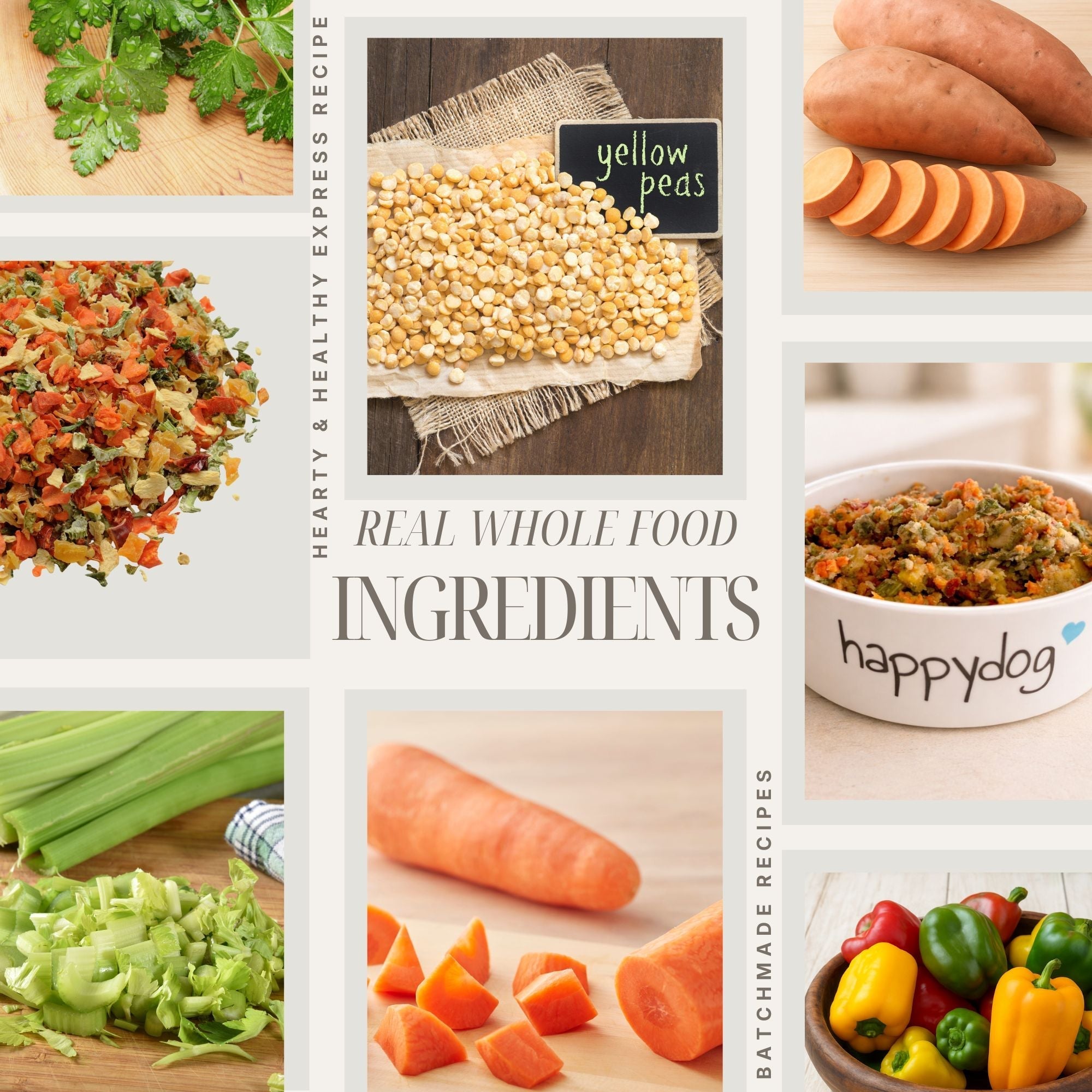 Whole food ingredients including dehydrated carrots peas and other vegetables used in Happy Dog Food