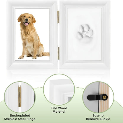 Pet Paw Print Frame Kit with Clay Impression – Wooden Photo Frame Keepsake for Dogs & Cats, Tabletop Memorial Gift, Home Decor Commemorative Set, White