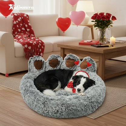 Dog Bed Cat Bed Bear Paw Shaped Donut – Calming Round Plush Pet Mattress, Warm & Soft Cuddler Bed for Dogs and Cats, Includes Pet Scarf, Sizes S to 2XL, Colors: Coffee, Pink, Grey, Brown
