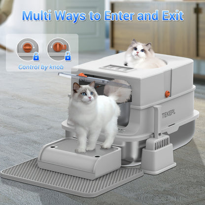 Stainless Steel Cat Litter Box with Lid - Extra Large 68L Enclosed & Semi-Open Modular System, 304 Steel Non-Stick Easy Clean, Charcoal Filter, Litter Mat & Scoop Included, Indoor XL Pet Toilet