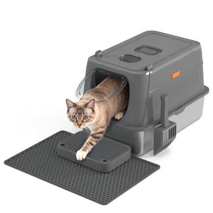 Extra Large Enclosed Cat Litter Box - Stainless Steel with Front Flap Door, Foldable Anti-Splash Fully Covered Design, Superior Odor Control Indoor Cat Toilet, 3 Colors, CITYLIFE Oversized