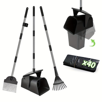 Dog Pooper Scooper with Long Handle & Swivel Bin - Heavy Duty Rake Spade Set, 40 Waste Bags Included, Pet Waste Removal for Yard Grass Gravel