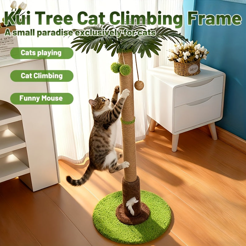 Cat Scratching Post 36.3 Inch - Natural Sisal Coconut Tree Design with Hanging Balls, Stable Weighted Base Cat Scratcher Tower for Indoor Cats, Space-Saving Kitten Activity Center for Apartment and Home
