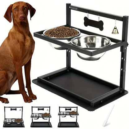 Raised Dog Bowl Stand Adjustable Height - Metal Elevated Feeder with 2 Stainless Steel Bowls for Large Medium Dogs, Non-Slip Dog Feeding Station