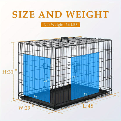 Dog Crate Double Door Folding Metal Cage with Divider & Leak-Proof Tray – 42 & 48 Inch Wire Kennel for Puppies, Medium & Large Dogs, Portable Indoor Outdoor Pet Crate, 3 Colors