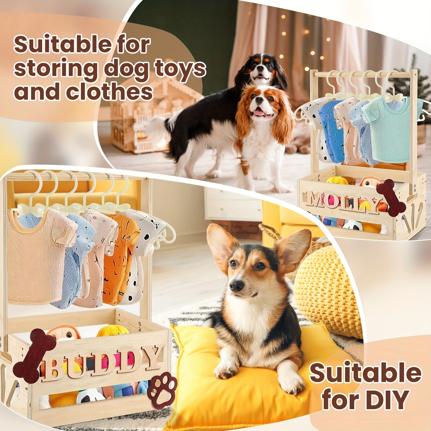 Wooden Pet Wardrobe Storage Box 20"x13"x9" – Dog & Cat Toy Organizer with Hanging Pole & PET Letters | Easy Assemble Basket for Pet Clothing, Accessories & Toy Storage, Natural Wood