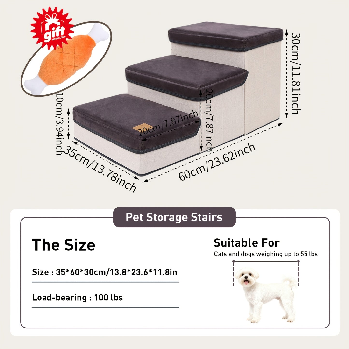 Dog Stairs for High Beds 3-Tier Foldable Pet Steps with Non-Slip Surface & Plush Chicken Leg Toy | Nylon Dog Ramp for Small & Extra Small Breeds | Fits Sofas Couches Beds | Coffee & Gray