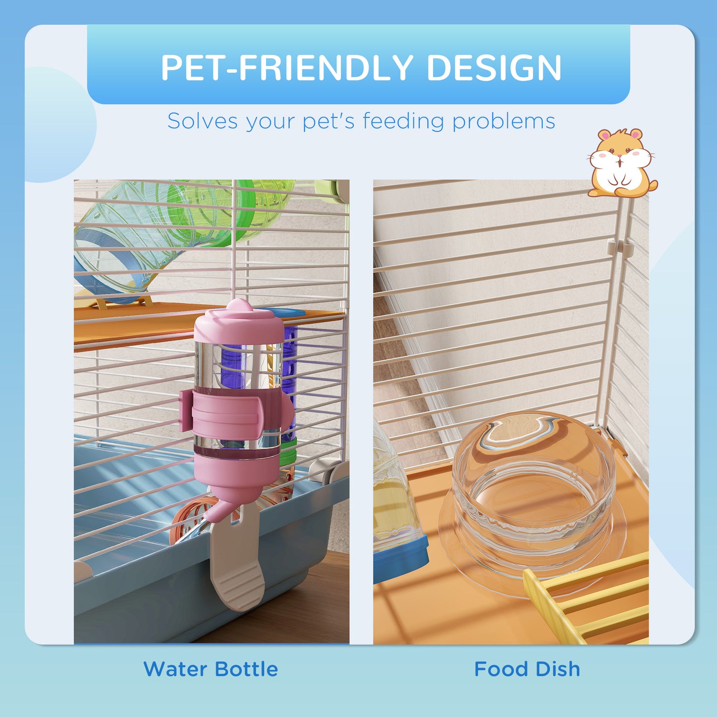 Hamster Cage 5 Tier Portable Small Animal Travel Carrier with Exercise Wheel Tubes Habitat Enclosure for Hamsters Gerbils Mice, Light Blue