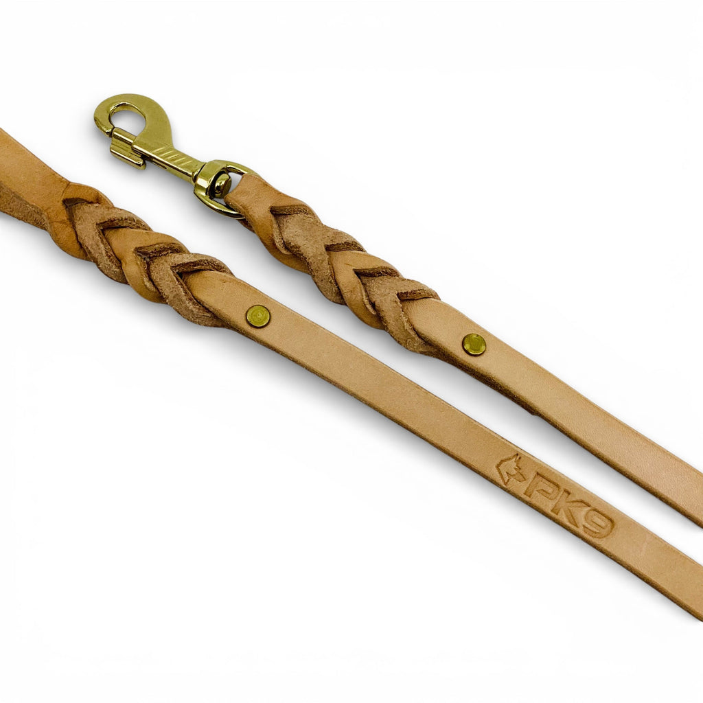 Dog Leash, 5-Foot Braided Leather Lead for Training and Everyday Walks, Natural Veg Tan Leather and Brass Hardware