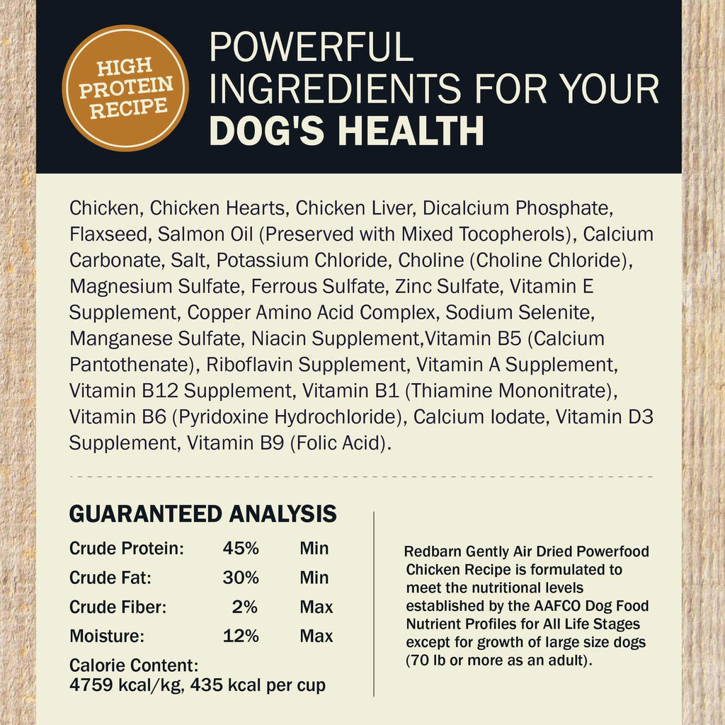 Dog food label with ingredients and guaranteed analysis on a wooden background
