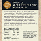 Dog food label with ingredients and guaranteed analysis on a wooden background