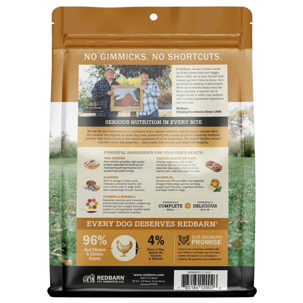 Redbarn pet food packaging with branding and product details on a white background