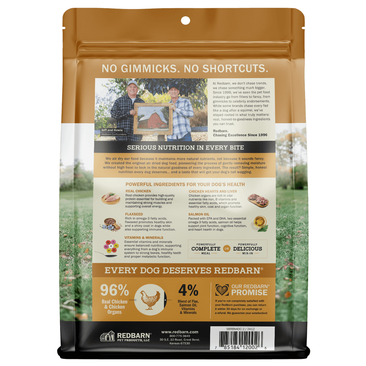 Redbarn pet food packaging with branding and product details on a white background