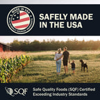 Family with children and dog walking in a field with 'Made in USA' and SQF certification logos.
