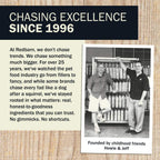 Advertisement for Redbarn pet food with text and a black and white photo of two men standing next to shelves of pet food.