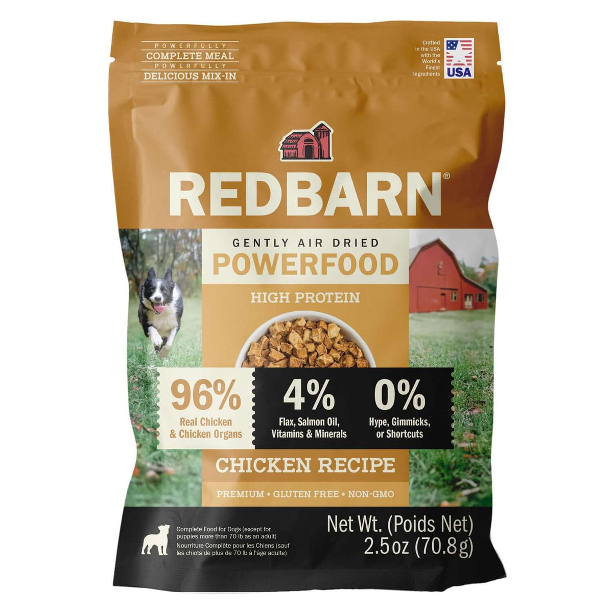 Redbarn Powerfood dog food package with a red barn and dog on a white background