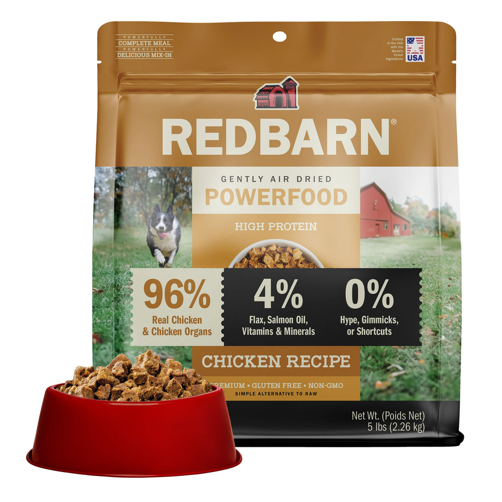 Best Air Dried Dog Food. Redbarn Powerfood High Protein Chicken Recipe dog food package with a bowl full of food in the background. 5lb Bag
