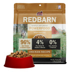 Best Air Dried Dog Food. Redbarn Powerfood High Protein Chicken Recipe dog food package with a bowl full of food in the background. 5lb Bag