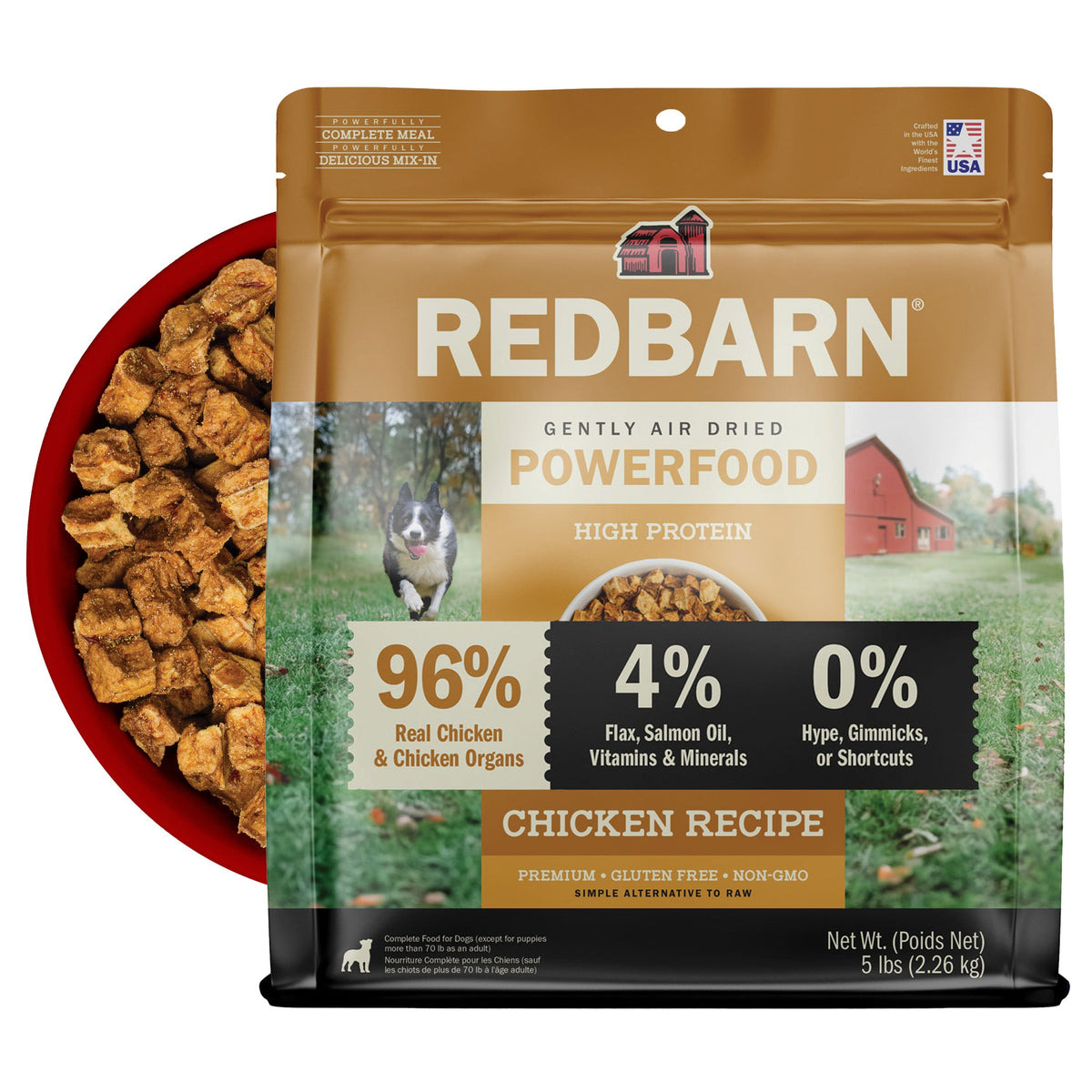 Best Air Dried Dog Food. Redbarn Powerfood High Protein Chicken Recipe dog food package with a bowl full of food in the background. 5lb Bag