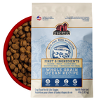 Best Fish Food for dogs. Redbarn Whole Grain Ocean recipe dog food package featuring Salmon, Trout, Salmon Meal, Ocean Fish Meal, Menhaden Fish Meal.