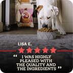 Dog eating redbarn kibble with a five-star rating and review text overlay.