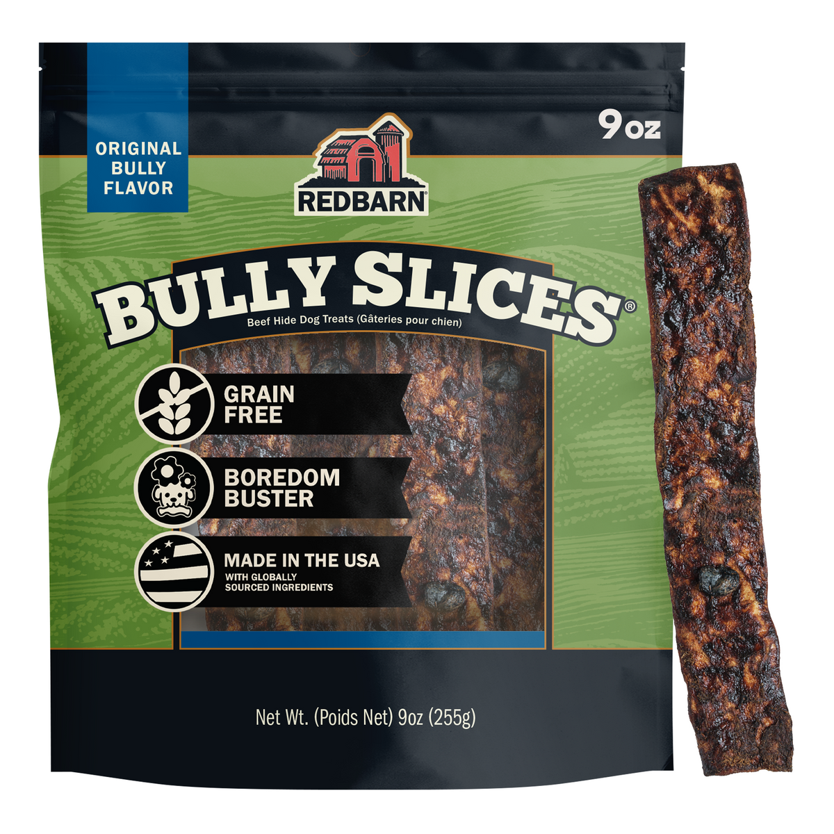 Best Beef Hide Treats. Redbarn Bully Slices dog treat package with a treat sticking out on a white background