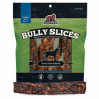 Package of Bully Slices dog treat with a single treat in front of the package.