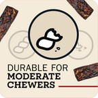 Promotional graphic for chew treats with the text 'DURABLE FOR MODERATE CHEWERS' on a light beige background, surrounded by partial images of dark brown chew sticks and a central circular icon of a bitten treat.