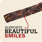 Redbarn Bully Slice treat with text 'Supports Beautiful Smiles' on a beige background