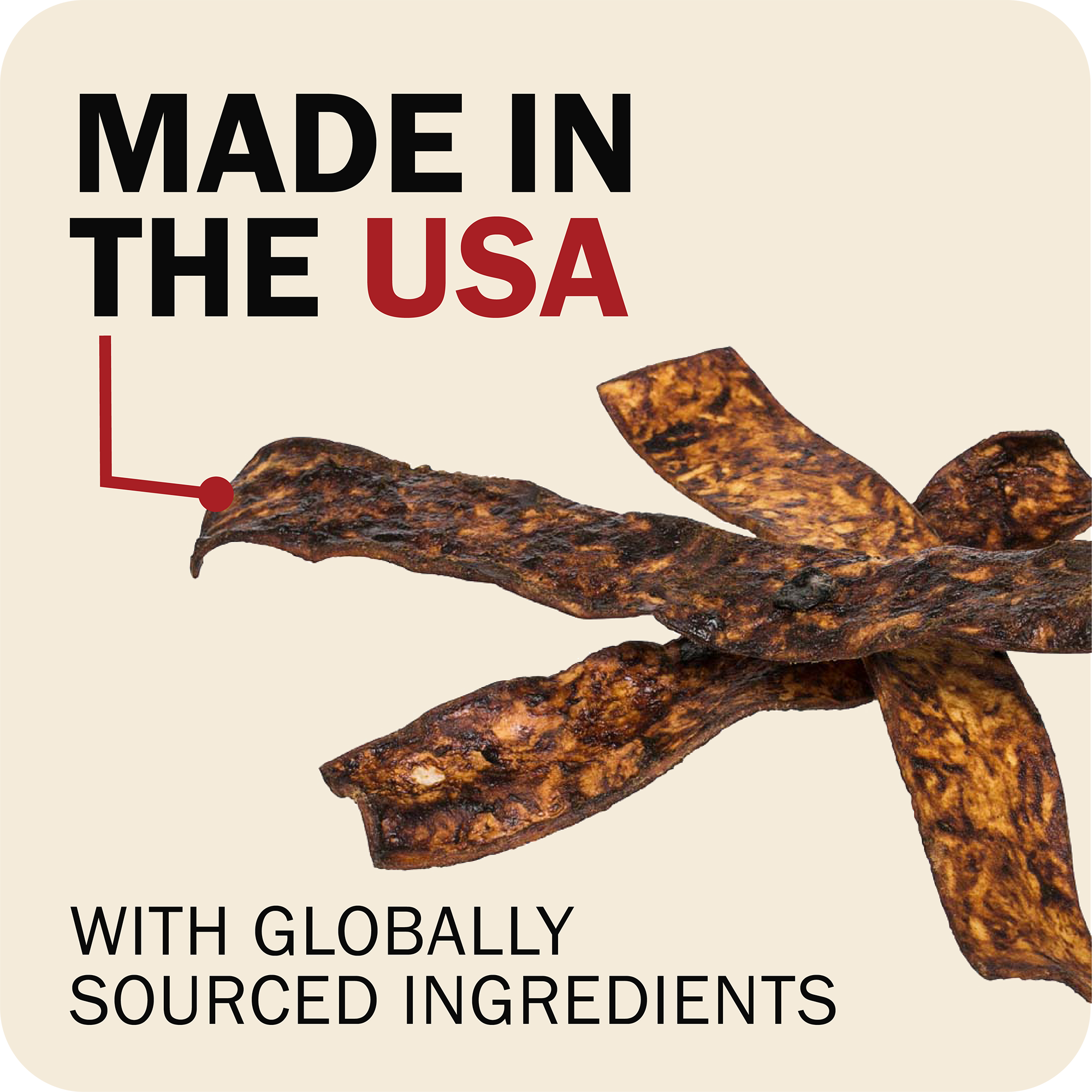 Redbarn Bully Slice Treat with 'Made in the USA' and 'globally sourced ingredients' text on a beige background