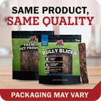 Two bags of Redbarn Bully Slices premium pet treats displayed on a wooden surface with a blurred kitchen background. Large text at the top reads 'SAME PRODUCT, SAME QUALITY' and a red banner at the bottom says 'PACKAGING MAY VARY'.