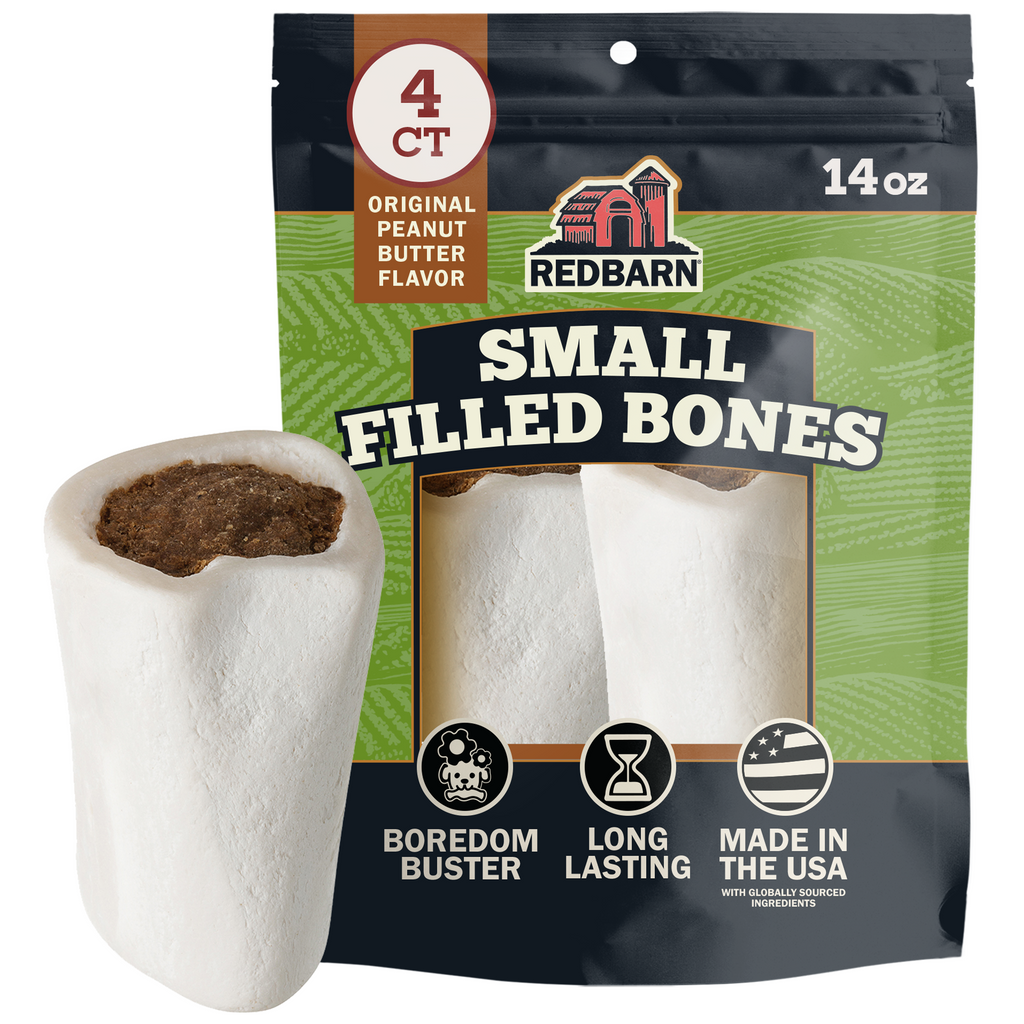 Best Small Dogs Treats. Redbarn Small Filled Bones Original Peanut Butter Flavor packaging with a single bone on a white background.