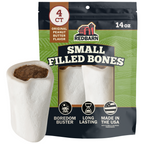 Best Small Dogs Treats. Redbarn Small Filled Bones Original Peanut Butter Flavor packaging with a single bone on a white background.