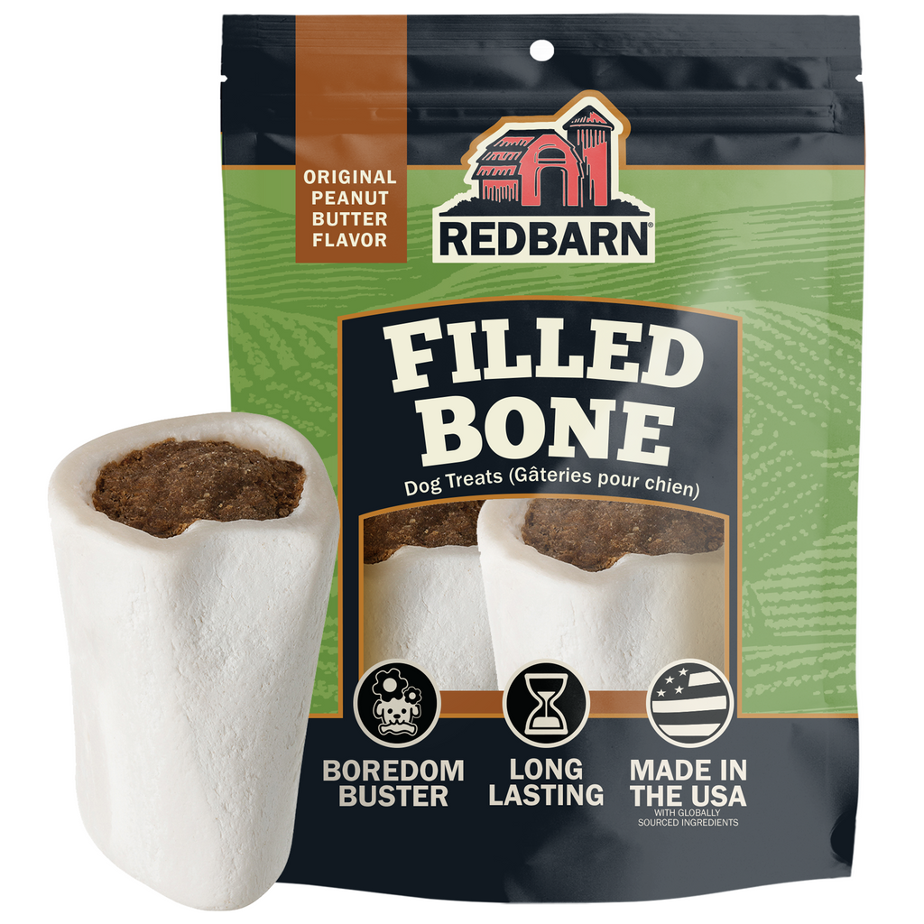 Redbarn packaging with filled bones and text that states boredom buster, long lasting, made in the USA