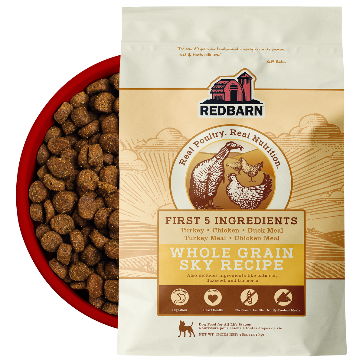 Best Turkey Dog Food. Redbarn Whole Grain Sky dog food package featuring Turkey, Chicken, Duck Meal, Turkey Meal, Chicken Meal.