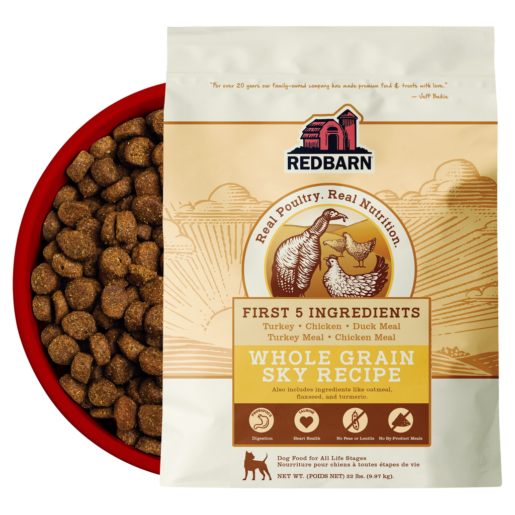 Best Turkey Dog Food. Redbarn Whole Grain Sky dog food package featuring Turkey, Chicken, Duck Meal, Turkey Meal, Chicken Meal.