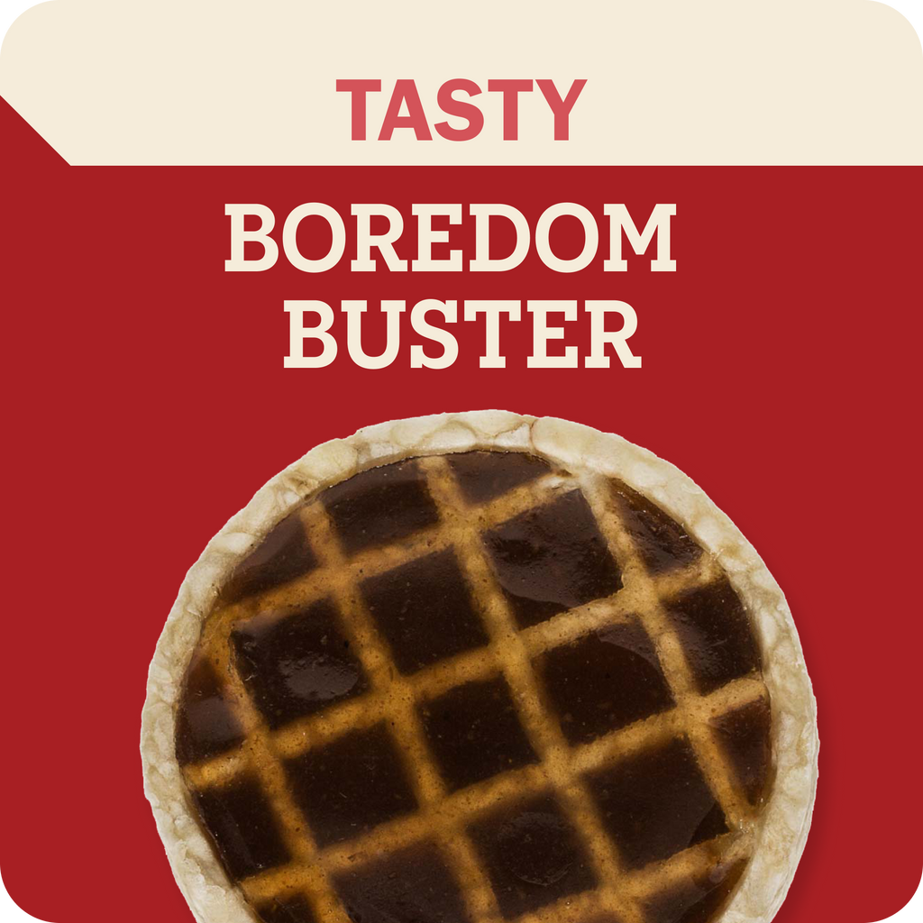 Redbarn Roofle treat with a red background and cream top banner reading 'TASTY BOREDOM BUSTER'